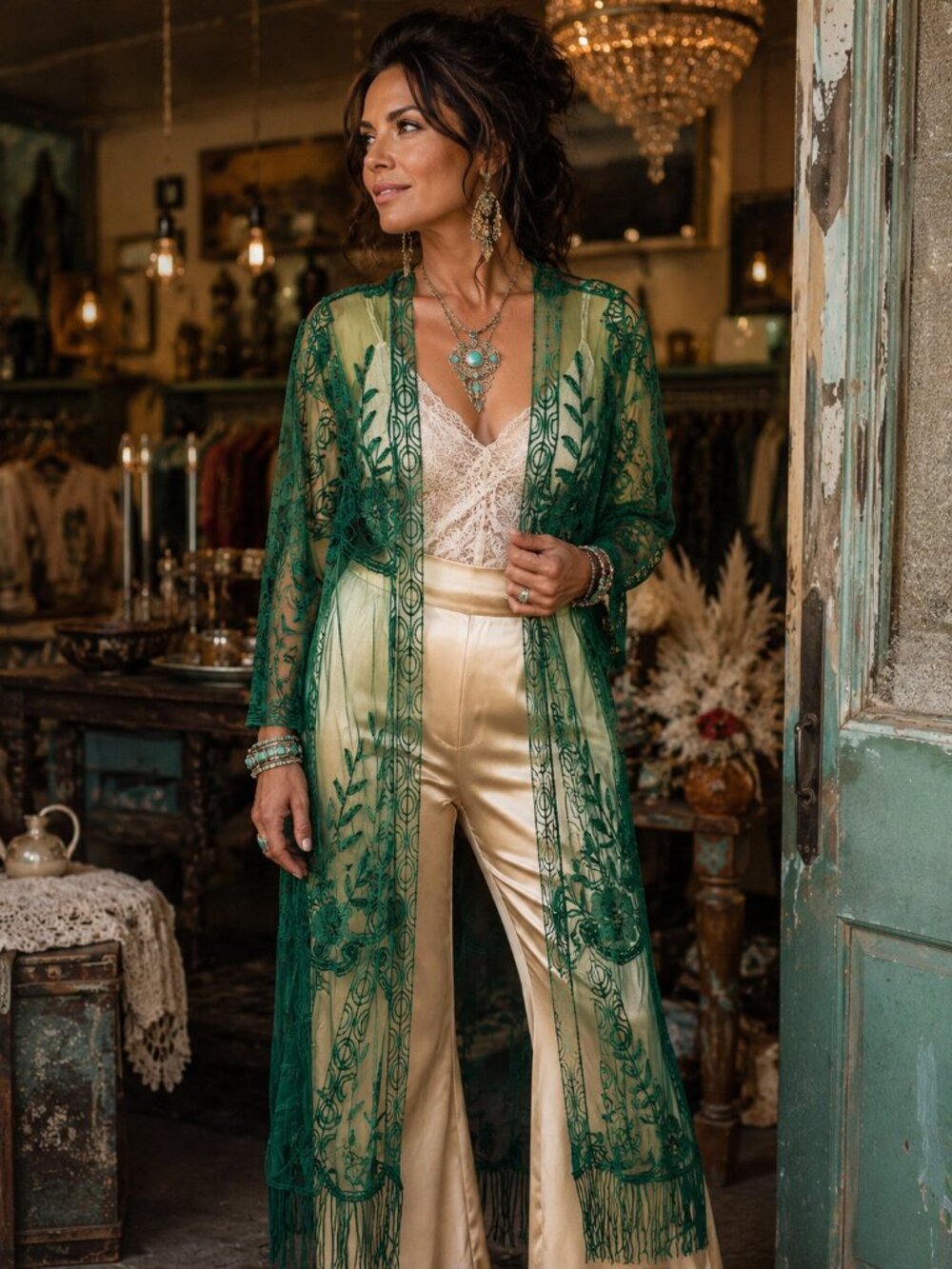 Sheer Embroidered Green Fringe Tunic